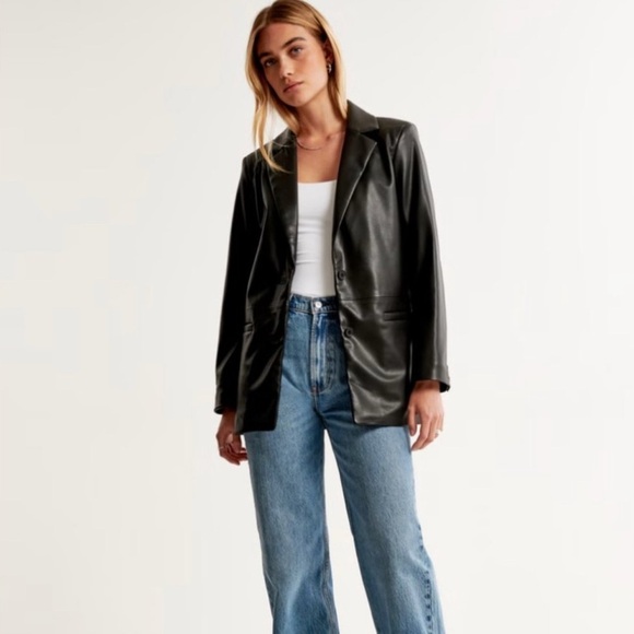 Abercrombie & Fitch Vegan Leather black Blazer women’s size L - Picture 2 of 7